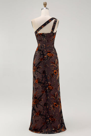 Black Floral One Shoulder Sheath Long Bridesmaid Dress